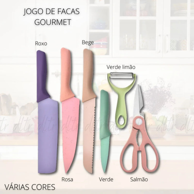 Conjunto Kit 6 Facas Profissional Colorido em Aço Inoxidável com 6 Peças para Churrasco e Cozinha