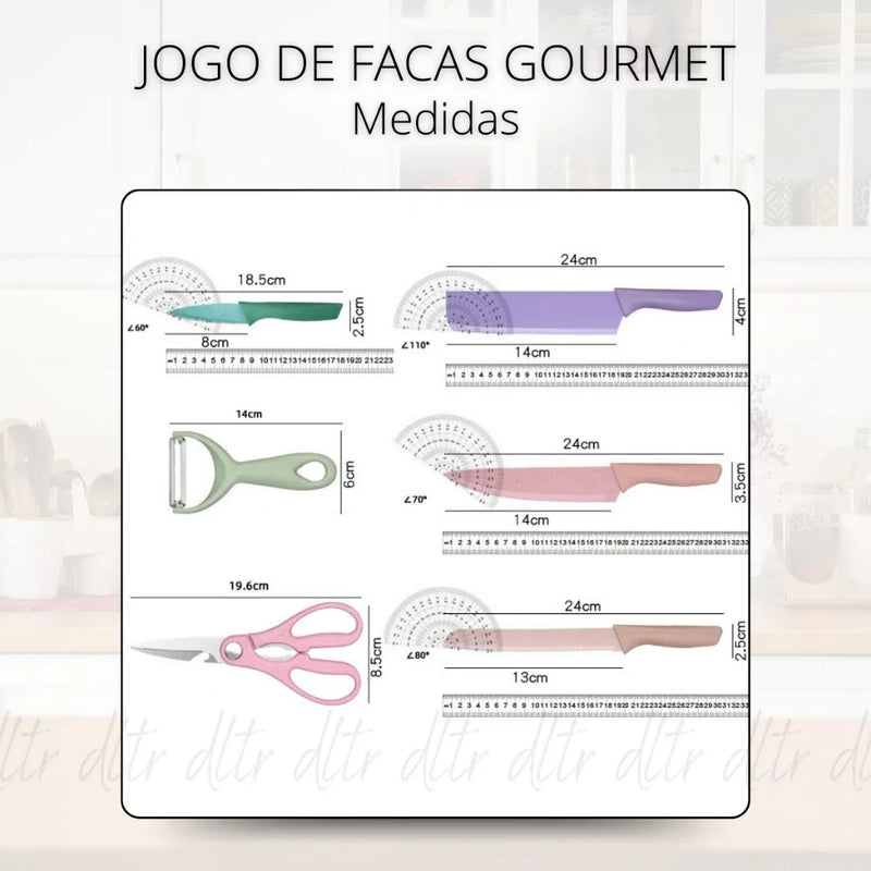 Conjunto Kit 6 Facas Profissional Colorido em Aço Inoxidável com 6 Peças para Churrasco e Cozinha