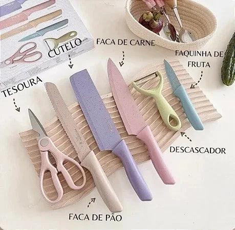 Conjunto Kit 6 Facas Profissional Colorido em Aço Inoxidável com 6 Peças para Churrasco e Cozinha