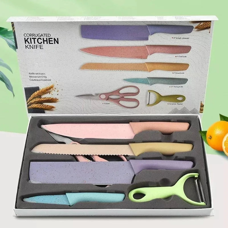 Conjunto Kit 6 Facas Profissional Colorido em Aço Inoxidável com 6 Peças para Churrasco e Cozinha