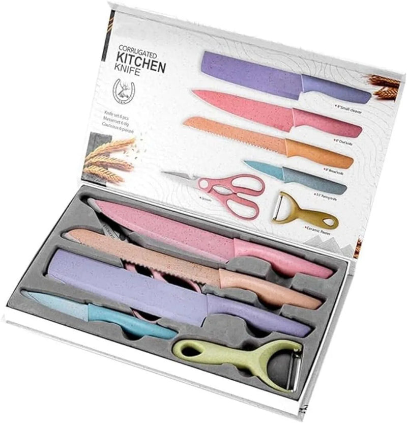 Conjunto Kit 6 Facas Profissional Colorido em Aço Inoxidável com 6 Peças para Churrasco e Cozinha