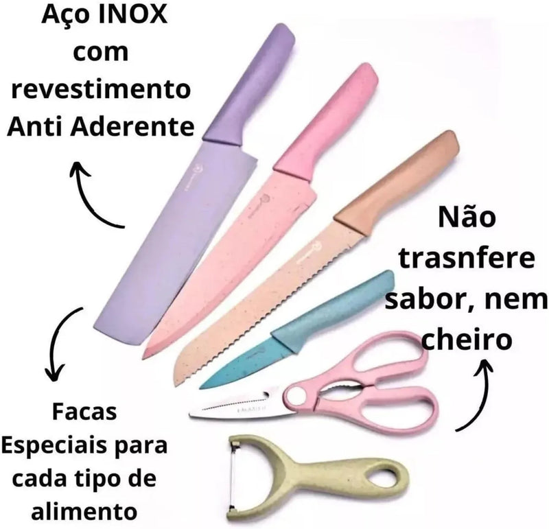 Conjunto Kit 6 Facas Profissional Colorido em Aço Inoxidável com 6 Peças para Churrasco e Cozinha